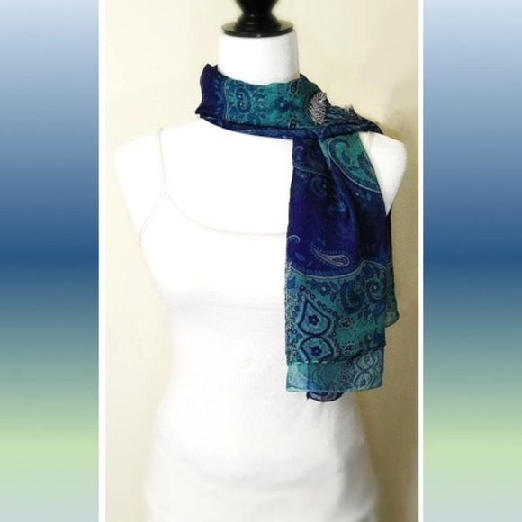 Top & Scarf 2in1 Blue Green Paisley Print Sheer Chiffon Slip-on Lightweight - Picture 4 of 14
